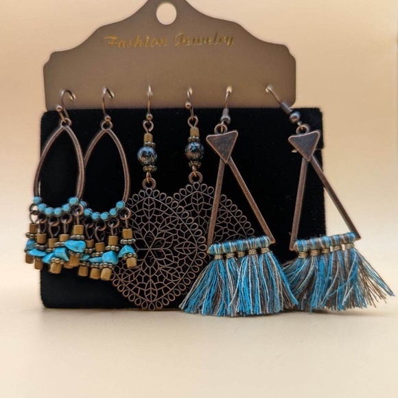 Retro boho hanging earrings set of 3 with beads and fringes - Picture 1 of 1